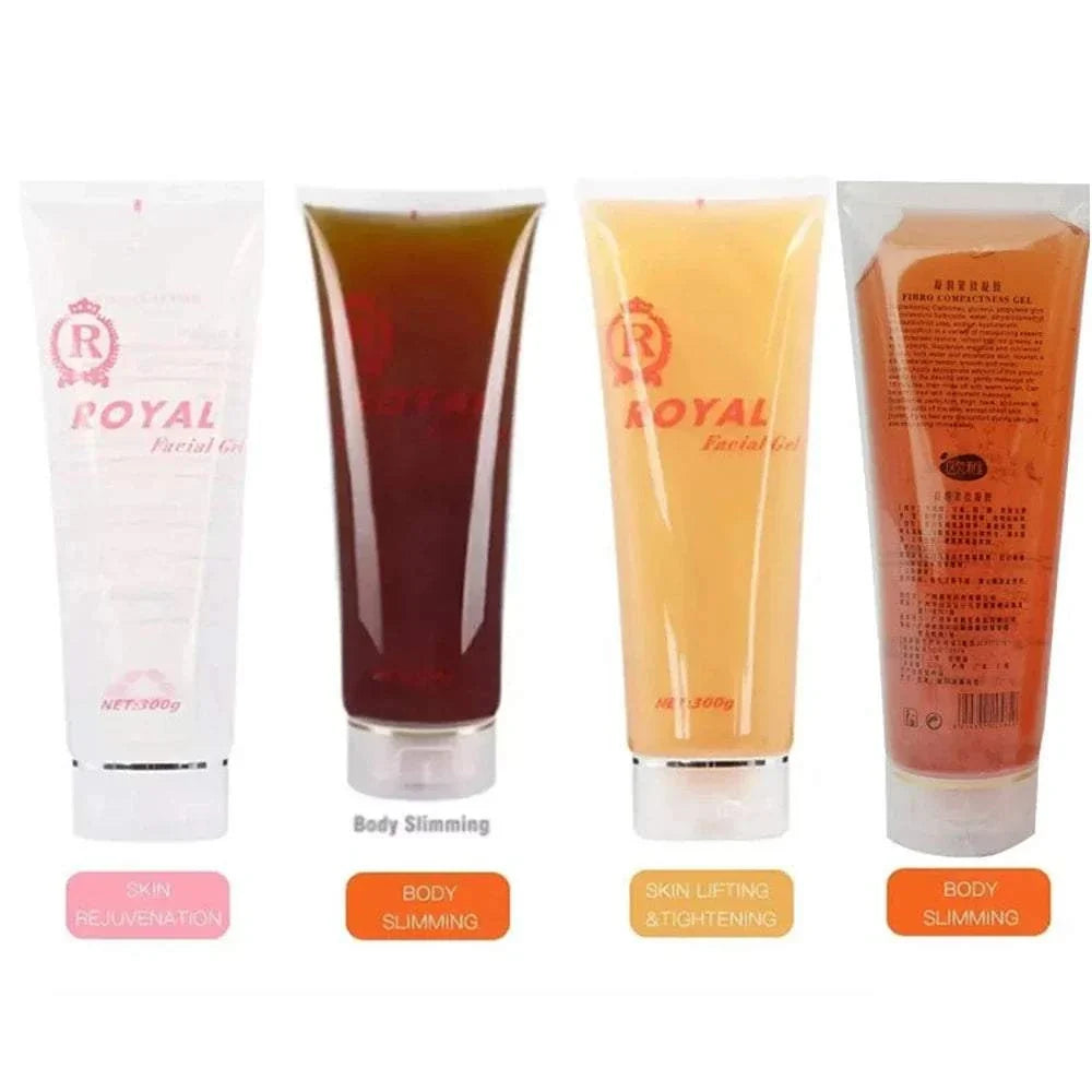 Ultrasonic RF Gel shown in 300g tubes, including translucent white, dark red, amber, and orange formulas