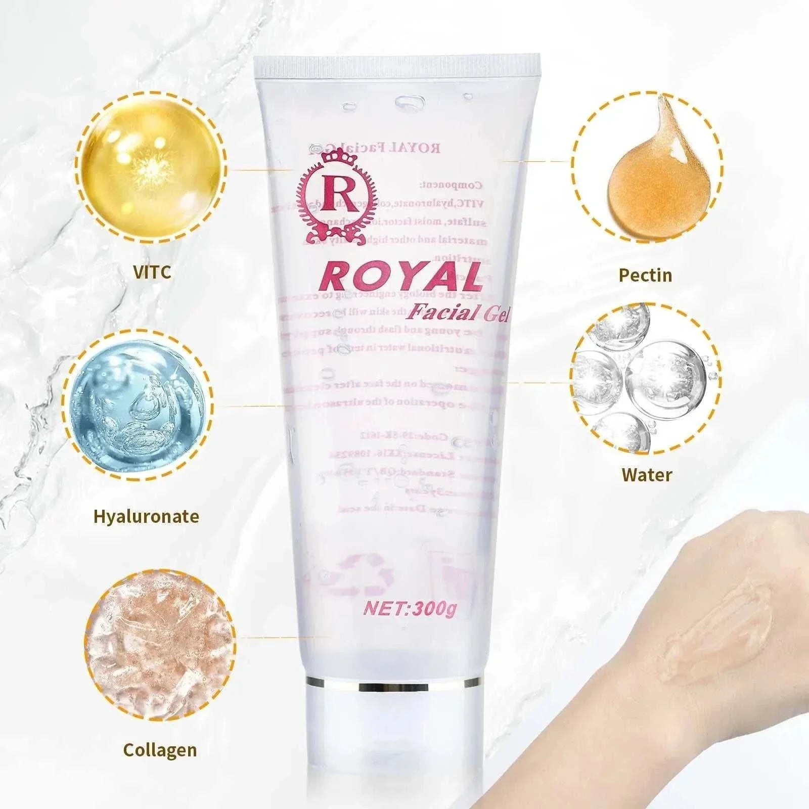 Ultrasonic RF Gel in a 300g white tube, pink Royal Facial Gel label, with vitamin C, pectin, hyaluronate and collagen