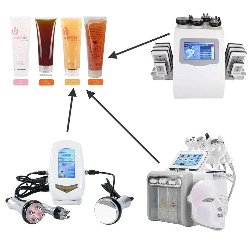 Ultrasonic RF Gel tubes in white, brown, yellow, and orange packaging for beauty treatment machines